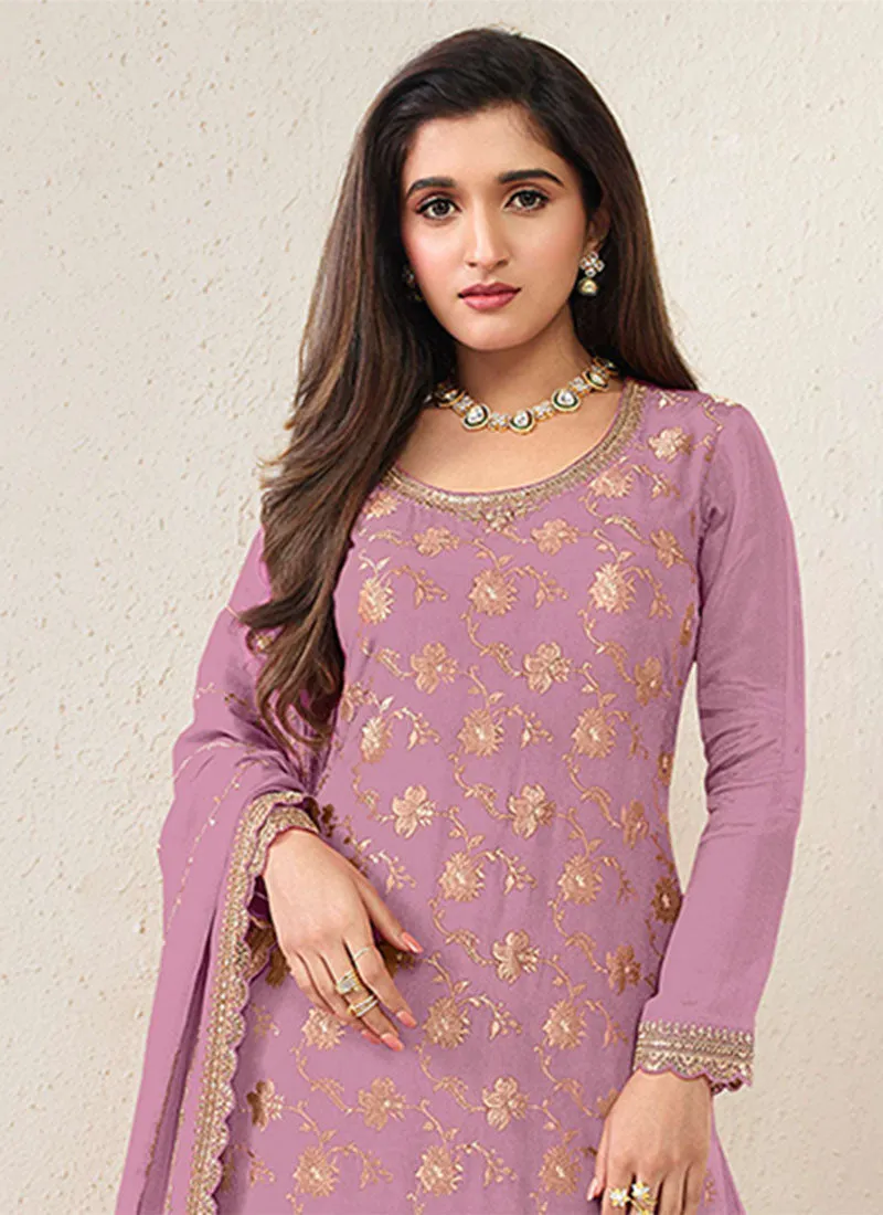 Purple Reshamkari Embroidery Sharara Style Suit