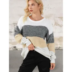 Round Neck Trendy Color Block Drop Shoulder Knit Sweater