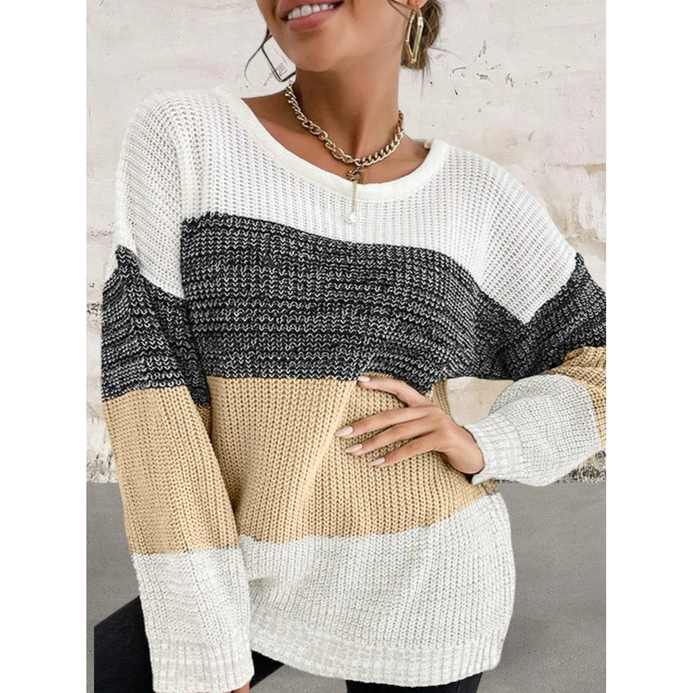 Round Neck Trendy Color Block Drop Shoulder Knit Sweater