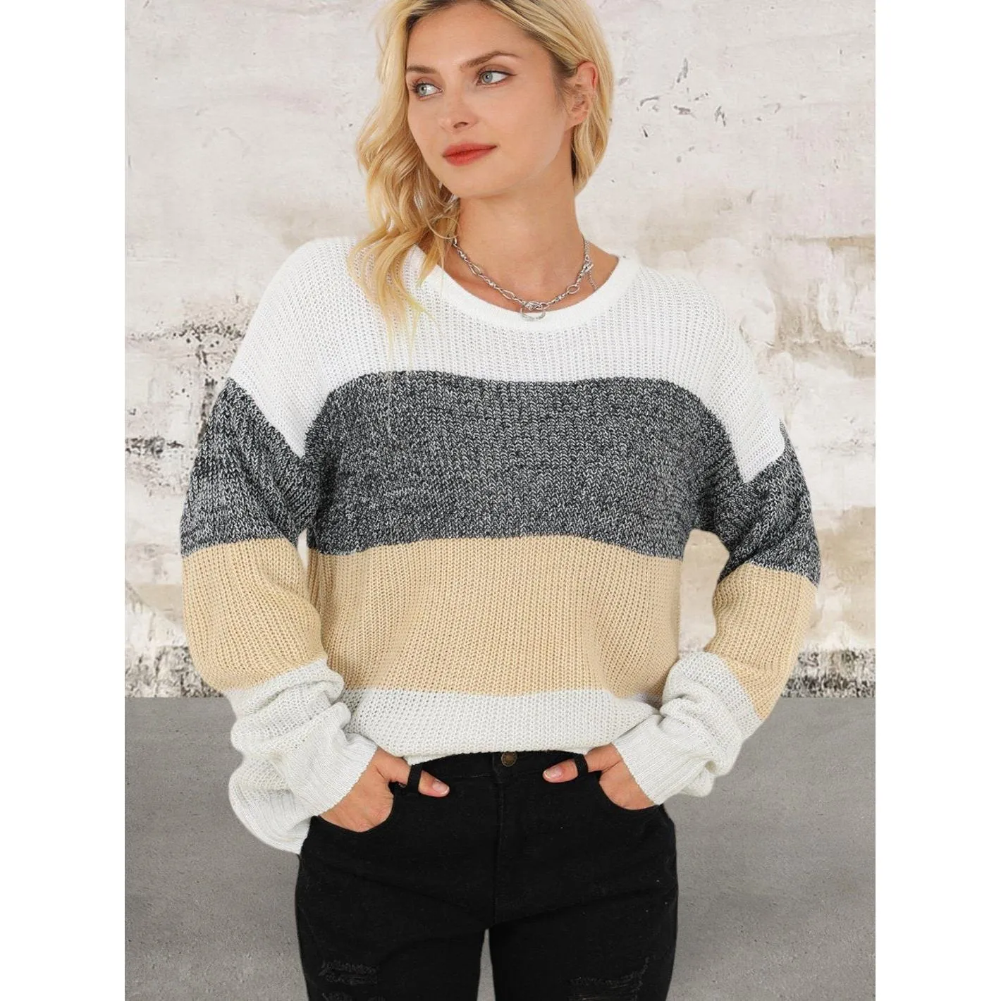 Round Neck Trendy Color Block Drop Shoulder Knit Sweater