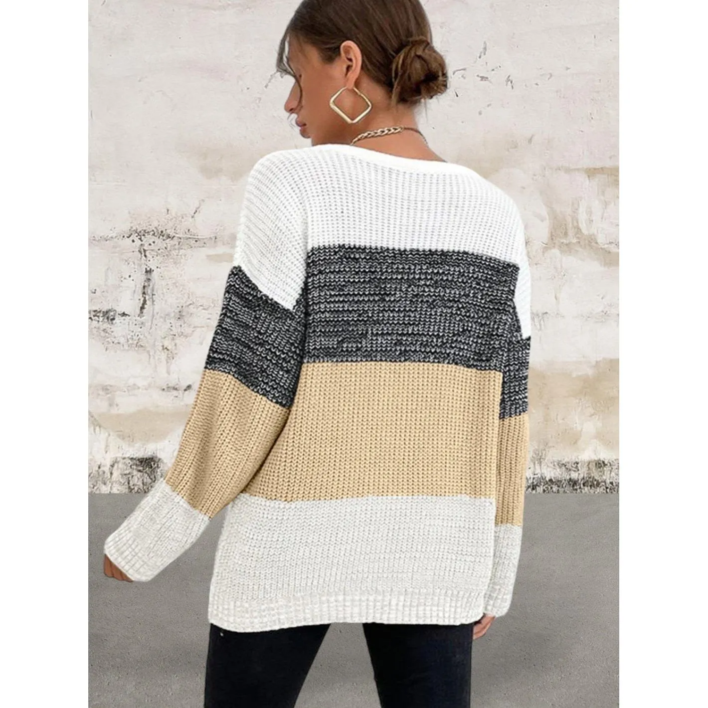 Round Neck Trendy Color Block Drop Shoulder Knit Sweater