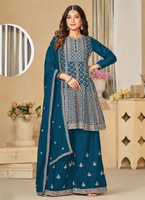 Royal Blue Reshamkari Embroidery Festive Palazzo Suit