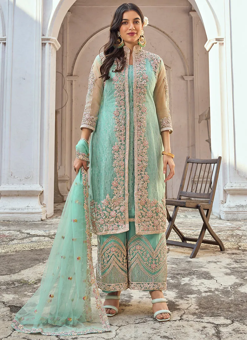 Sea Green Embroidery Pakistani Pant Style Suit