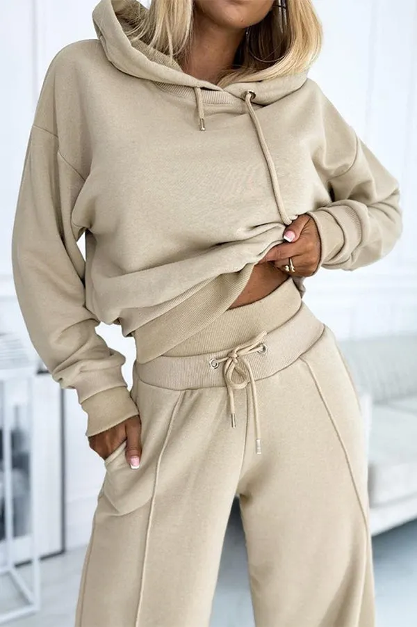 Stylish Patchwork Hooded Sweatshirt and Elastic Waist Tie Pocket Wide Leg Pants Set