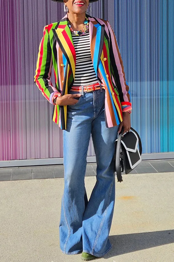 Stylish Striped Colorful Double Breasted Blazer & Skirt Set