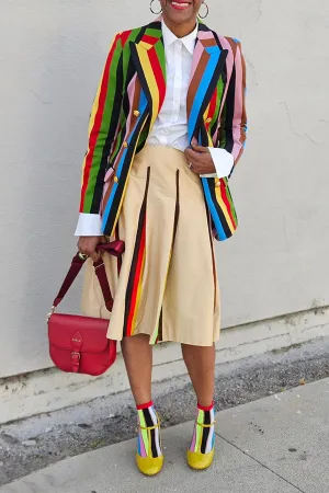 Stylish Striped Colorful Double Breasted Blazer & Skirt Set