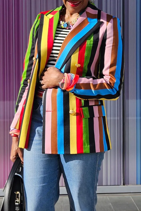 Stylish Striped Colorful Double Breasted Blazer & Skirt Set