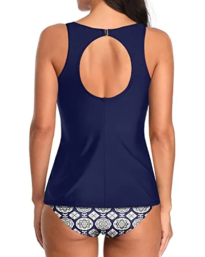 Stylish Tankini 2 Piece Swimsuits High Neck Tankini Top Bottoms-Navy Blue Tribal