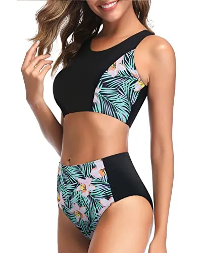 Stylish Two Piece High Waisted Bikini Set For Teen Girls-Black Floral