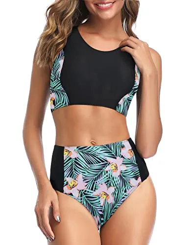 Stylish Two Piece High Waisted Bikini Set For Teen Girls-Black Floral