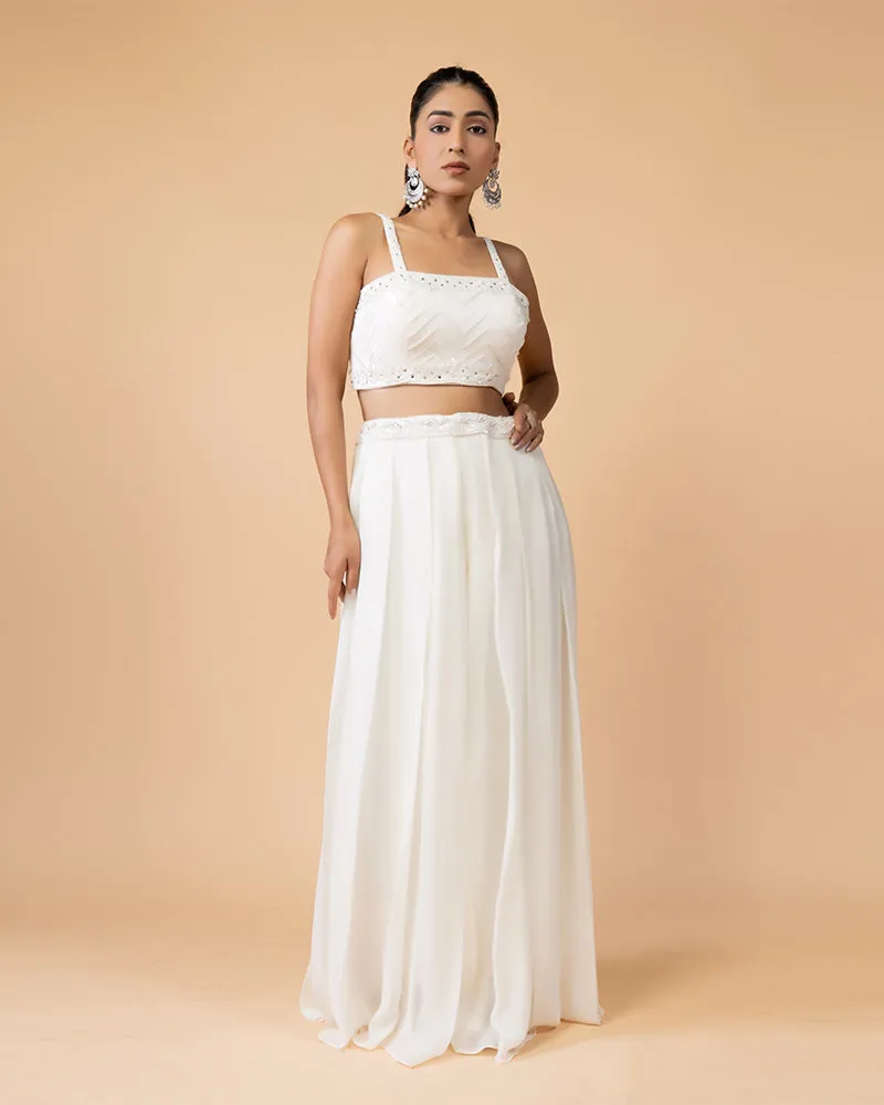 Stylish White Palazzo Ensemble with Crop Top and Cut Sleeve Shrug