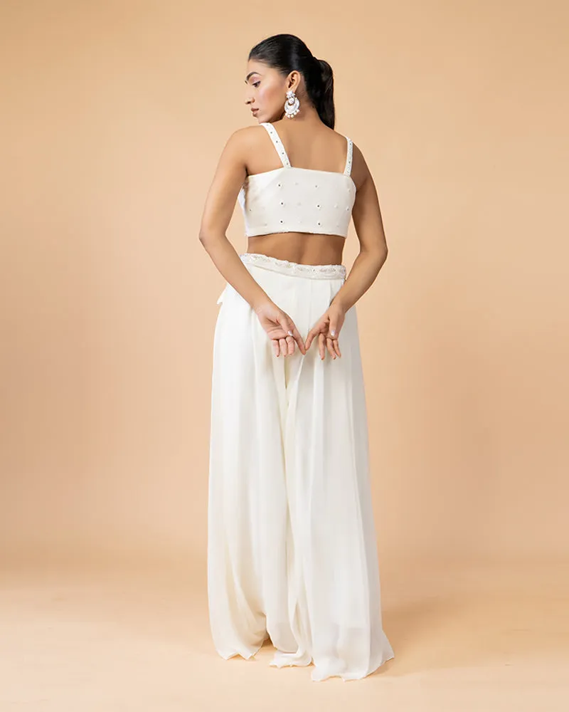 Stylish White Palazzo Ensemble with Crop Top and Cut Sleeve Shrug