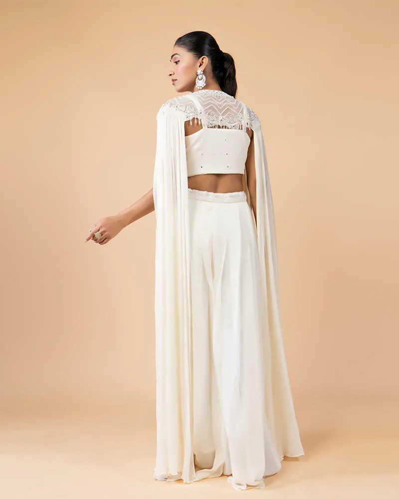 Stylish White Palazzo Ensemble with Crop Top and Cut Sleeve Shrug