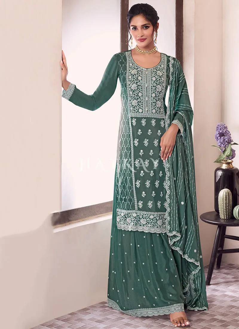 Teal Green Sequence And Thread Embroidery Palazzo Suit