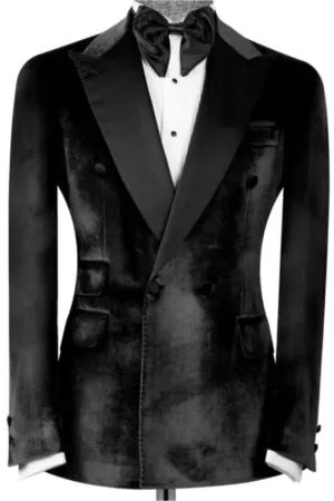 Tobias Stylish Black Velvet Peaked Lapel Double Breasted Prom Attire