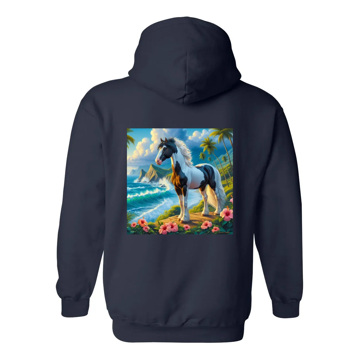 Tropical Black and White Horse Pull Over Front Pocket Hoodies