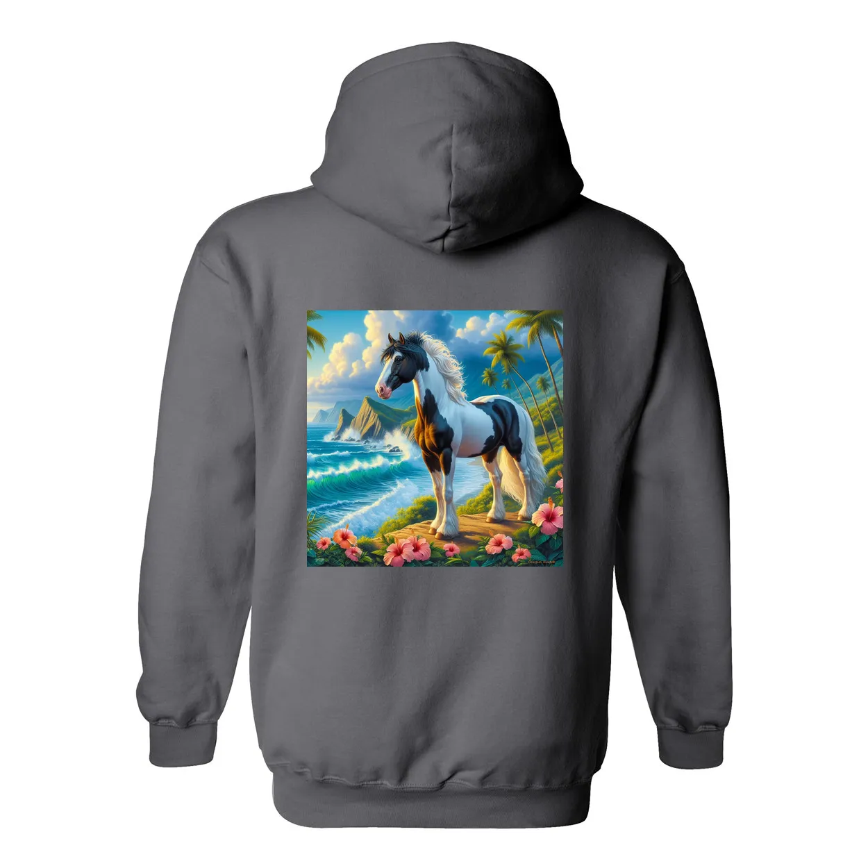 Tropical Black and White Horse Pull Over Front Pocket Hoodies