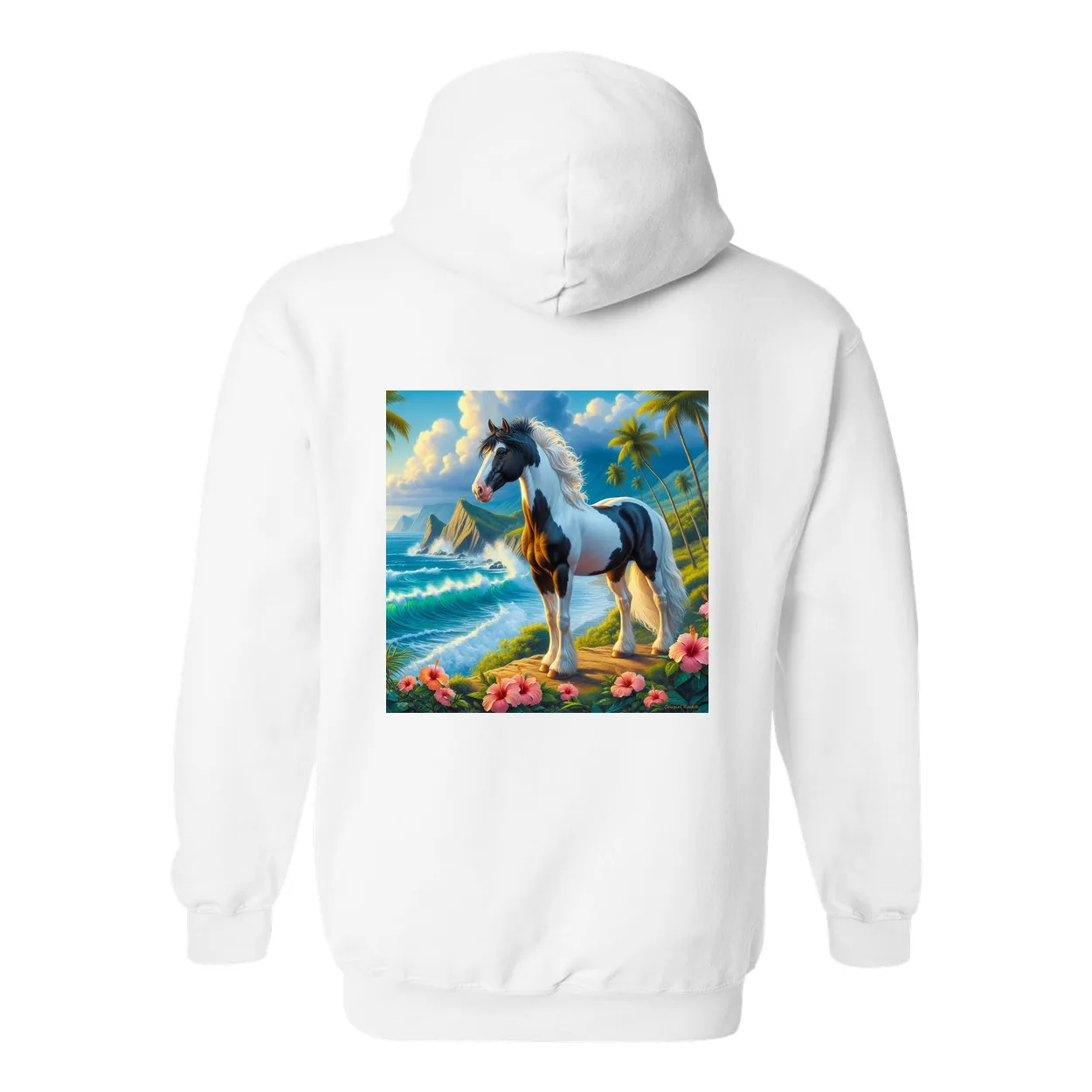 Tropical Black and White Horse Pull Over Front Pocket Hoodies