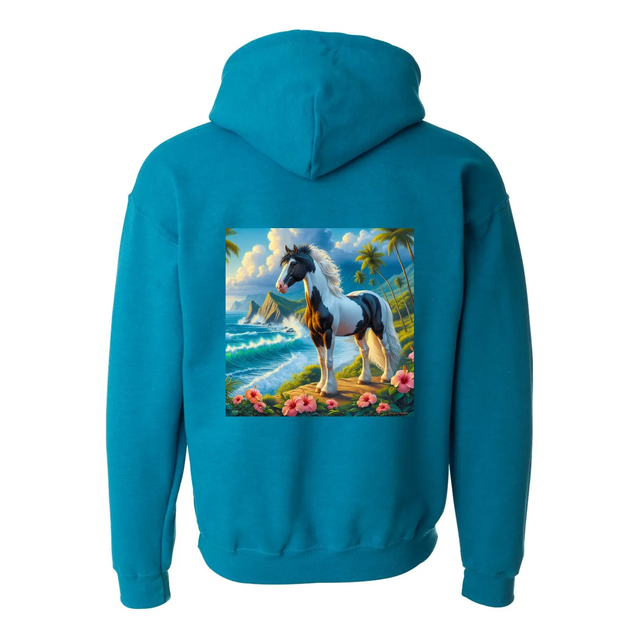 Tropical Black and White Horse Pull Over Front Pocket Hoodies