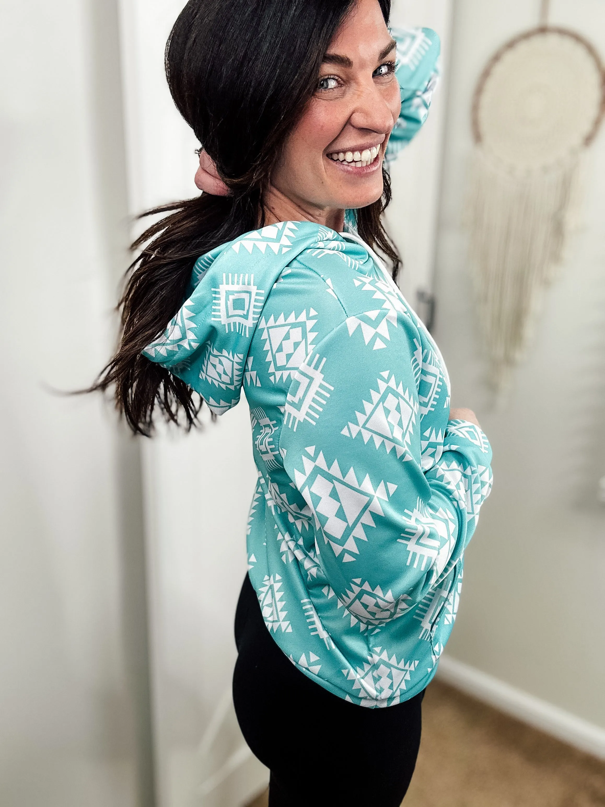 Turquoise & White Aztec Hoodie