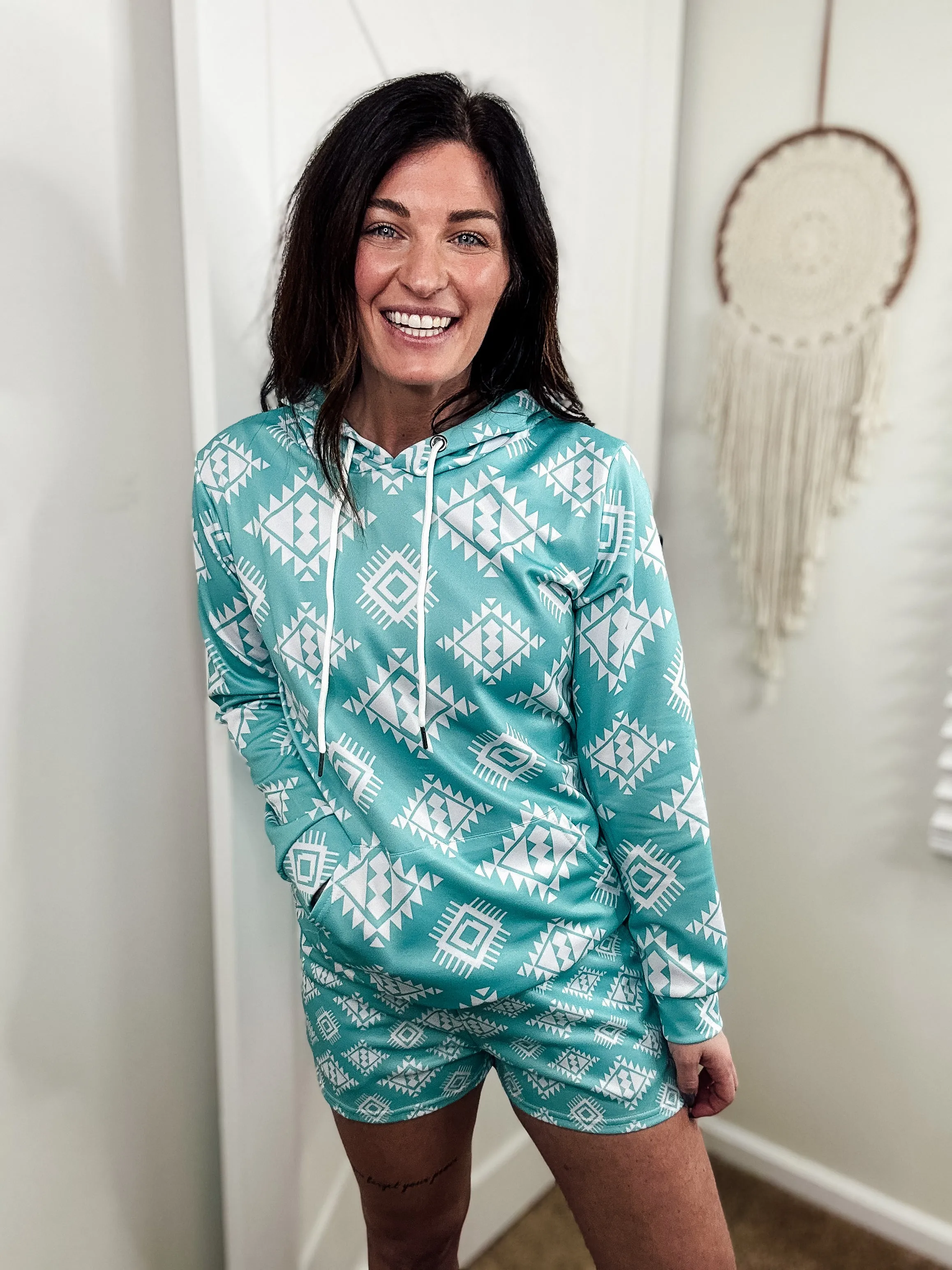 Turquoise & White Aztec Hoodie