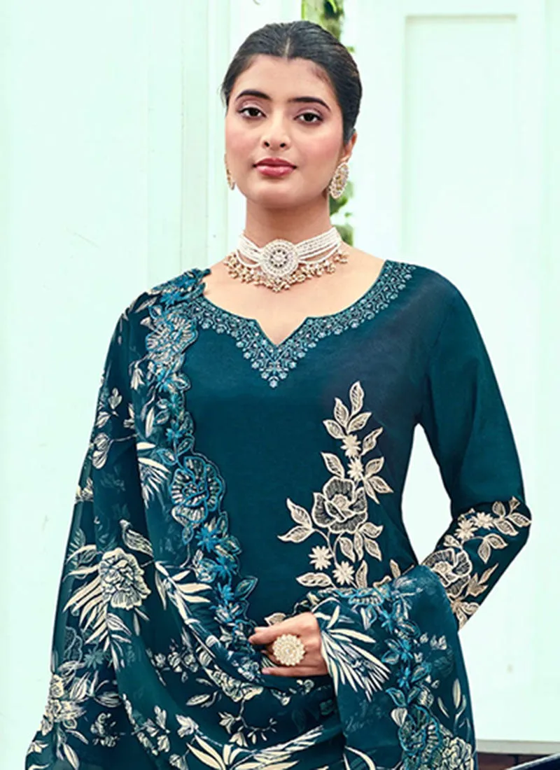 Turquoise Embroidery Designer Palazzo Suit