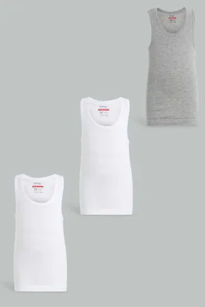 White And Grey Basic Vest Set For Boys (Pack of 3)