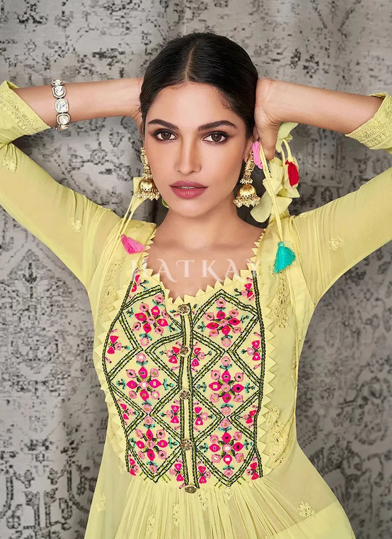 Yellow Lucknowi Embroidered Designer Palazzo Suit